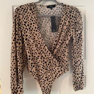 Lulu's Black and Tan Spotted Wrap Bodysuit